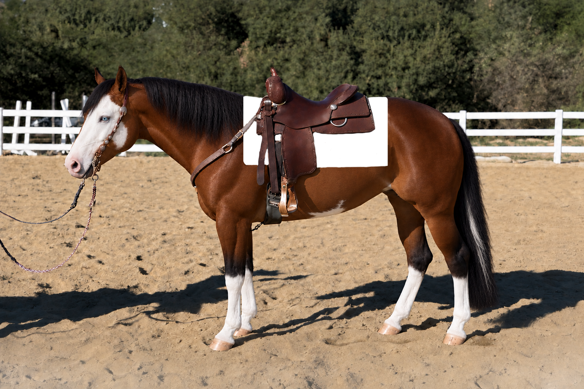 Jessie Black and Grey show pad on the Bald Face Bay horse